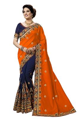 Orange embroidered silk saree with blouse 1