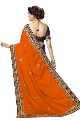Orange embroidered silk saree with blouse 2