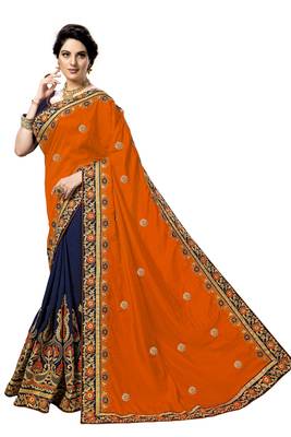 Orange embroidered silk saree with blouse 3