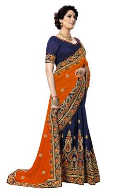 Orange embroidered silk saree with blouse 4
