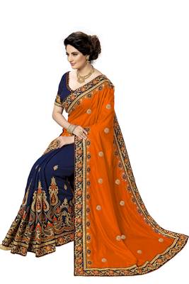 Orange embroidered silk saree with blouse 5