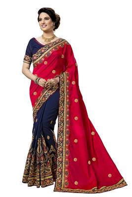 Pink embroidered silk saree with blouse 1
