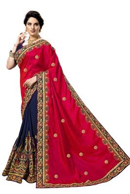Pink embroidered silk saree with blouse 3