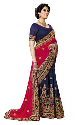 Pink embroidered silk saree with blouse 4