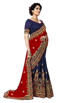 Red embroidered silk saree with blouse 4