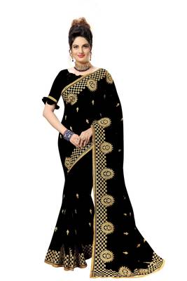 Trendmalls Black embroidered satin   Traditional Wedding Party Wear Bridal Saree With Blouse   1