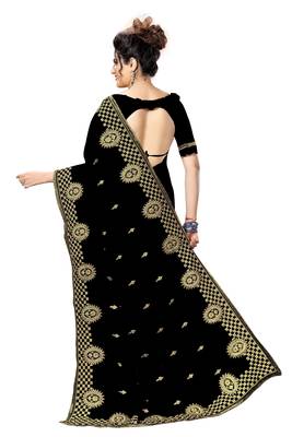 Trendmalls Black embroidered satin   Traditional Wedding Party Wear Bridal Saree With Blouse   2