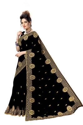 Trendmalls Black embroidered satin   Traditional Wedding Party Wear Bridal Saree With Blouse   3
