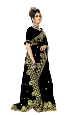 Trendmalls Black embroidered satin   Traditional Wedding Party Wear Bridal Saree With Blouse   4