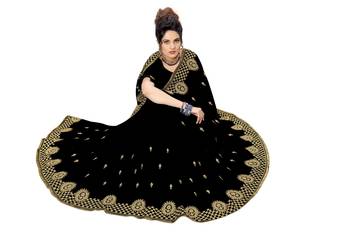 Trendmalls Black embroidered satin   Traditional Wedding Party Wear Bridal Saree With Blouse   5