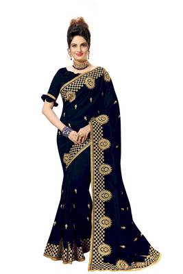 Blue embroidered satin saree with blouse 1