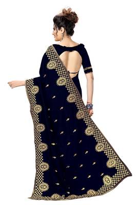 Blue embroidered satin saree with blouse 2