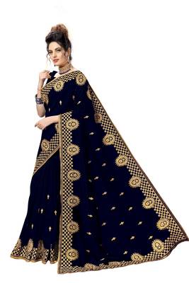 Blue embroidered satin saree with blouse 3