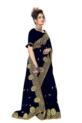 Blue embroidered satin saree with blouse 4