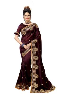 Brown embroidered satin saree with blouse 1