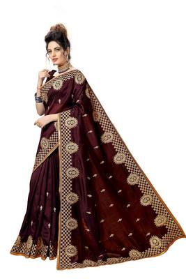 Brown embroidered satin saree with blouse 3