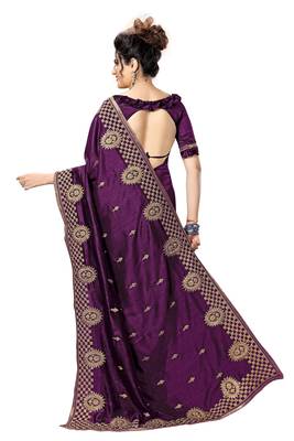 Purple embroidered satin saree with blouse 2