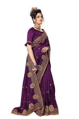 Purple embroidered satin saree with blouse 4