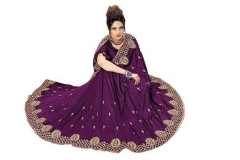 Purple embroidered satin saree with blouse 5