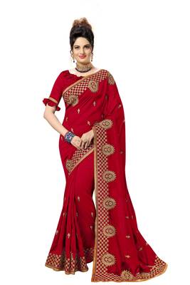 Red embroidered satin saree with blouse 1