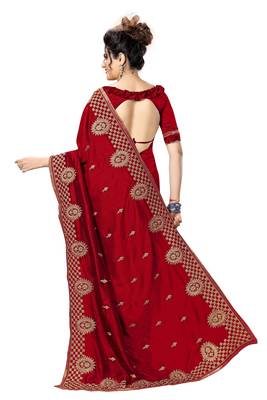 Red embroidered satin saree with blouse 2