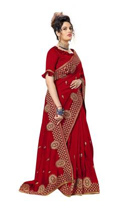 Red embroidered satin saree with blouse 4