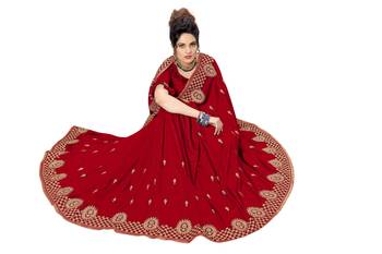 Red embroidered satin saree with blouse 5