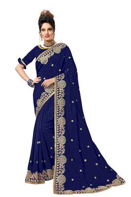 Blue embroidered satin saree with blouse 1