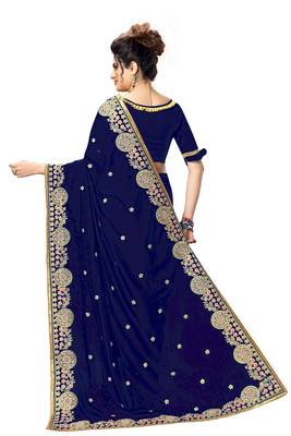 Blue embroidered satin saree with blouse 2