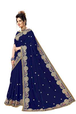 Blue embroidered satin saree with blouse 3