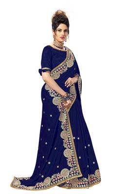 Blue embroidered satin saree with blouse 4
