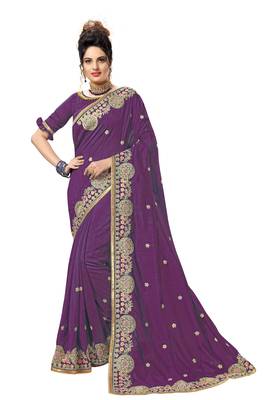 Purple embroidered satin saree with blouse 1