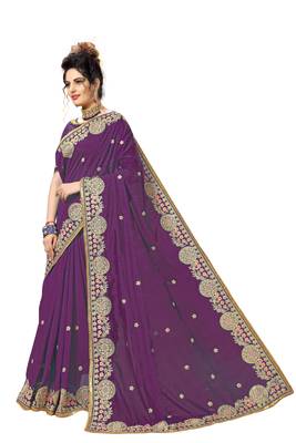 Purple embroidered satin saree with blouse 3