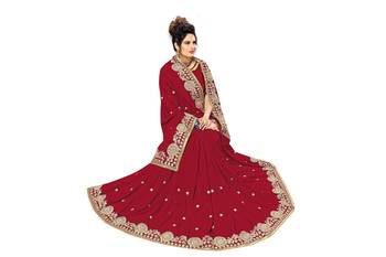 Trendmalls Red embroidered satin  Traditional Wedding Party Wear Bridal Saree with Blouse  5