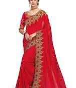 Trendmalls Red embroidered satin  Traditional Wedding Party Wear Bridal Saree with Blouse 