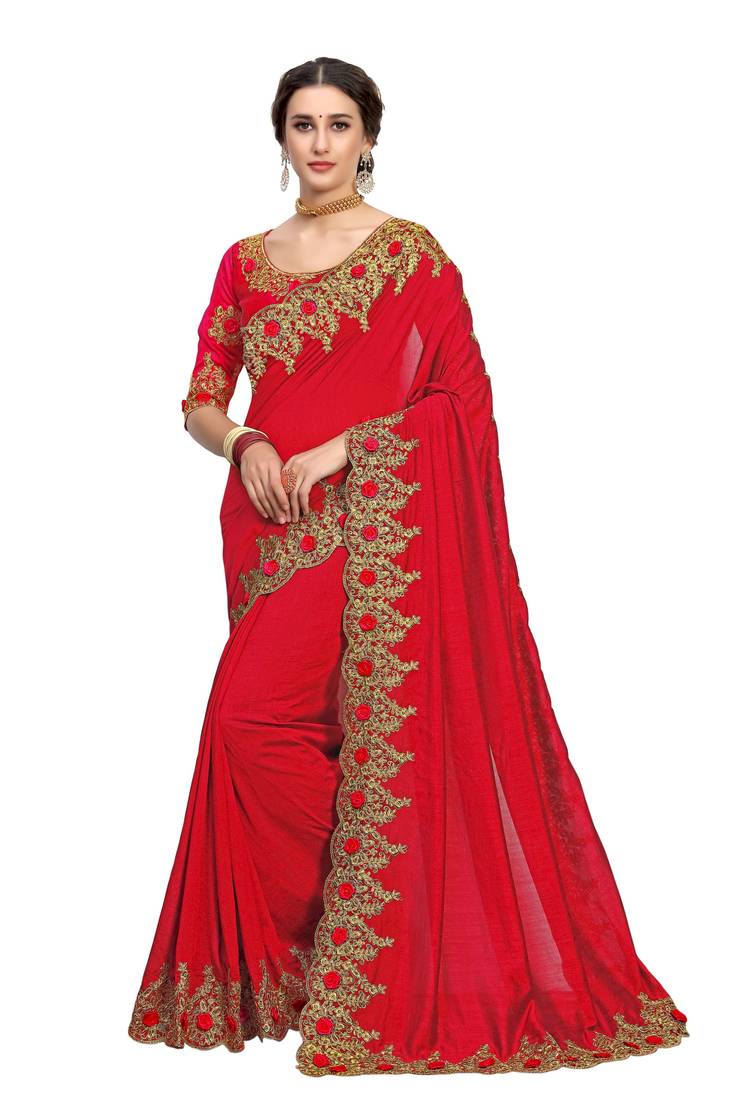 Trendmalls Red embroidered satin  Traditional Wedding Party Wear Bridal Saree with Blouse 