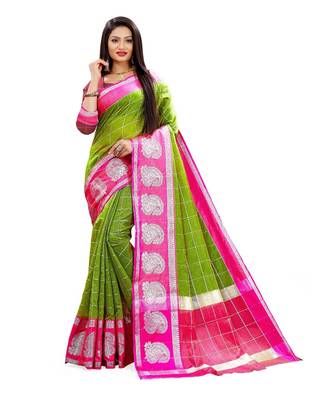 Green woven chanderi saree with blouse 1