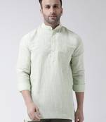 Green cotton Textured Casual Short Kurta  has a Chinese Collar  Full Sleeves  Curved Hem