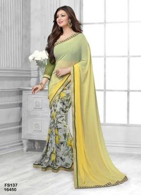 green and yellow shaided printed georgette saree with blouse 1