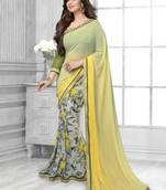 green and yellow shaided printed georgette saree with blouse