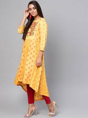 Yellow printed rayon kurtis 1