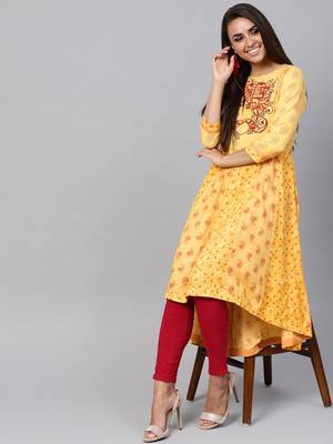 Yellow printed rayon kurtis 4