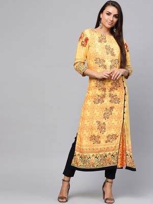Yellow printed rayon kurtis 1