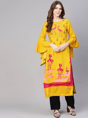 Yellow printed rayon kurtis 1