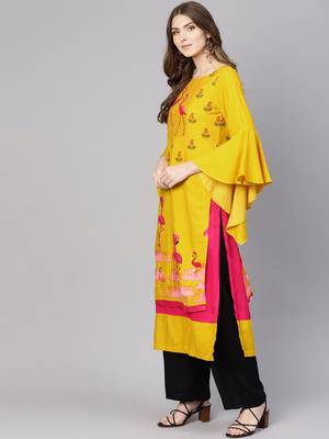 Yellow printed rayon kurtis 2