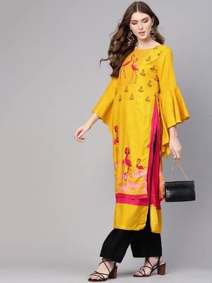 Yellow printed rayon kurtis 5