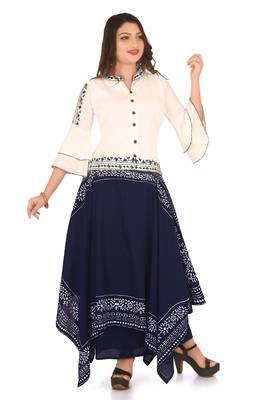 White printed cotton silk girls-top-bottom 2