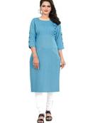Aqua-blue plain cotton ethnic-kurtis