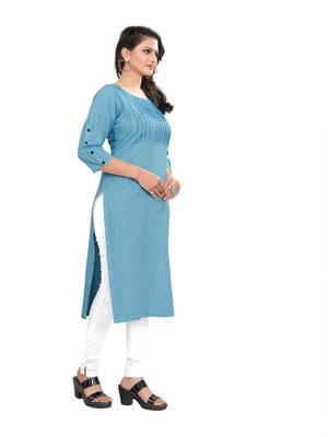 Aqua-blue plain cotton ethnic-kurtis 3