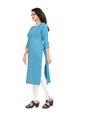 Aqua-blue plain cotton ethnic-kurtis 4